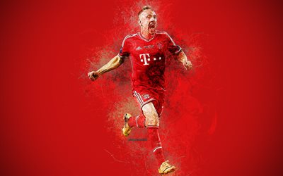 Franck Ribery, 4k, Ranskalainen jalkapalloilija, creative art, punainen tausta, FC Bayern M&#252;nchen, Saksa, Bundesliiga, lineaarinen art