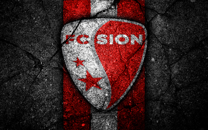 Sion, 4k, logo, İsvi&#231;re S&#252;per Ligi, siyah taş, futbol, amblem, FC Sion, İsvi&#231;re, asfalt doku, Sion FC