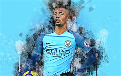 Gabriel Jesus, 4K, Brazilian footballer, creative portrait, bright colorful splashes, paint art, blue background, Manchester City, Premier League, football