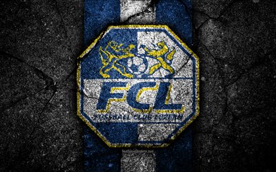 Luzern, 4k, logo, Switzerland Super League, black stone, soccer, football, emblem, FC Luzern, Switzerland, asphalt texture, Luzern FC