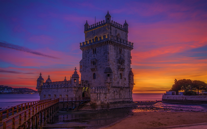 Tour de bel&#233;m, Lisbonne, la Tour de Saint-Vincent, coucher de soleil, l&#39;oc&#233;an, le soir, la vieille tour, Portugal