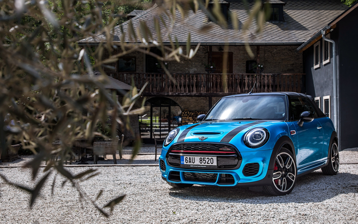 mini john cooper works, 2018, cabrio, blau, cabriolet, exterior, vorderansicht, neuen blauen mini, tuning, britische autos, mini