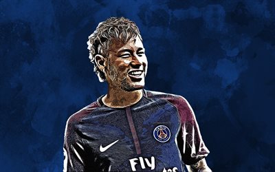 Neymar Jr, 4k, el PSG, arte creativo, grunge retrato, el Par&#237;s Saint-Germain, cara, sonrisa, azul grunge de fondo, futbolista Brasile&#241;o