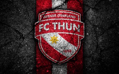 Thun, 4k, logo, Switzerland Super League, black stone, soccer, football, emblem, FC Thun, Switzerland, asphalt texture, Thun FC