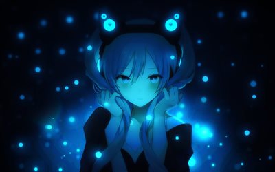 Hatsune Miku, natt, bokeh, manga, Vocaloid