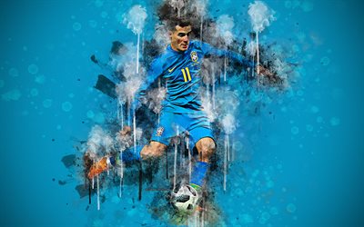 Philippe Coutinho, 4k, Brazilian footballer, art, creative portrait, bright colorful splashes, paint art, blue background, Brazil national football team, blue uniform, Brazil, football