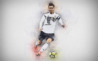 4k, Mesut Ozil, German football team, artwork, Ozil, soccer, footballers, drawing Ozil, Germany National Team