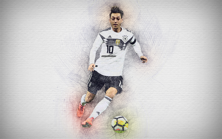 4k, Mesut Ozil, nazionale di calcio tedesca, opere d&#39;arte, Ozil, di calcio, i calciatori, il disegno di Ozil, Germania, Squadra Nazionale