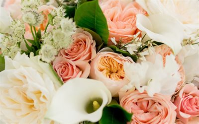 des roses roses, bouquet de mari&#233;e, de belles fleurs de mariage, des concepts, des boutons de roses