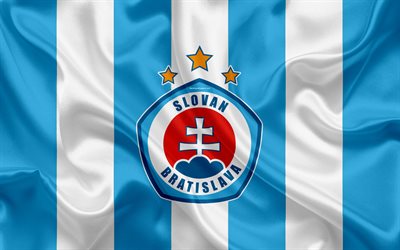 Slovan Bratislava FC, 4k, silk texture, Slovak football club, logo, blue white flag, Fortuna liga, Bratislava, Slovakia, football