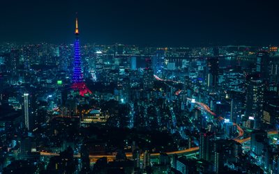 4k, Tokyo Tower, nightscapes, TV-torni, Tokio, Shiba-koen district, Nippon Television City, Minato, Japani, Aasiassa
