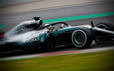 4k, Lewis Hamilton, F1, desenfoque de movimiento, Mercedes AMG F1, 2018 coches, Formula 1, Formula Uno, F1 2018