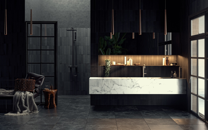 eleganta och moderna badrum inredning, svart badrum, svarta vertikala plattor, snygg inredning