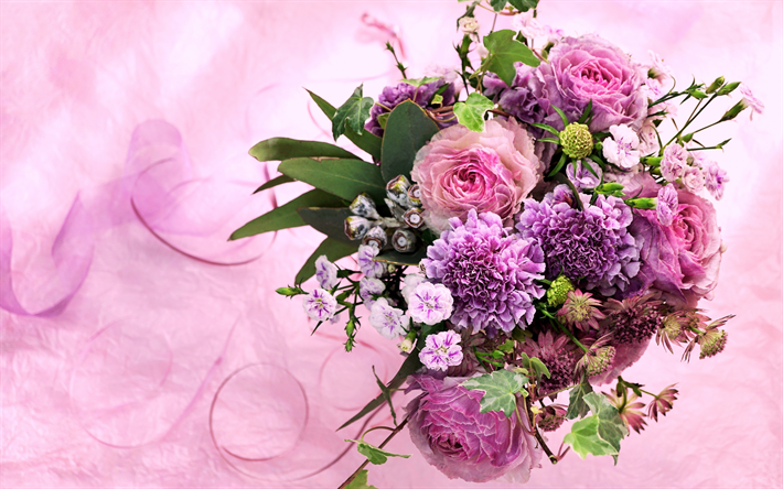 p&#250;rpura rosas, bouquet de novia, rosa flores, ramo de la novia, fondo rosa, de la boda de conceptos, de flores de fondo