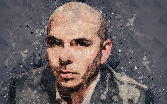 Pitbull, O rapper americano, 4k, rosto, arte criativa retrato, arte geom&#233;trica, Mr Em Todo O Mundo, Armando Christian P&#233;rez, rap, EUA