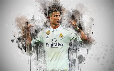 Cristiano Ronaldo, 4k, footballeur portugais, le visage, art cr&#233;atif, portrait, brillant color&#233; des &#233;claboussures, peinture d&#39;art, blanc, arri&#232;re-plan grunge, le Real Madrid, Liga, Espagne, football