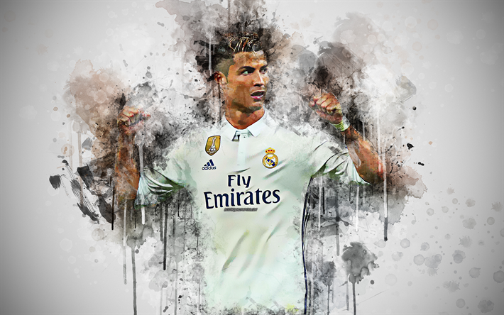 Cristiano Ronaldo, 4k, futbolista portugu&#233;s, la cara, el arte, el retrato creativo, de colores brillantes salpicaduras de pintura de arte, blanco grunge de fondo, el Real Madrid, La Liga, Espa&#241;a, f&#250;tbol