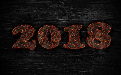 2018 year, 4k, fiery letters, wooden texture, creative, 2018 concepts