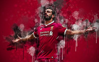Mohamed Salah, 4k, eg&#237;pcio jogador de futebol, O Liverpool FC, rosto, arte, criativo retrato, colorido brilhante salpicos, a arte de pintura, vermelho grunge de fundo, Premier League, Inglaterra, futebol