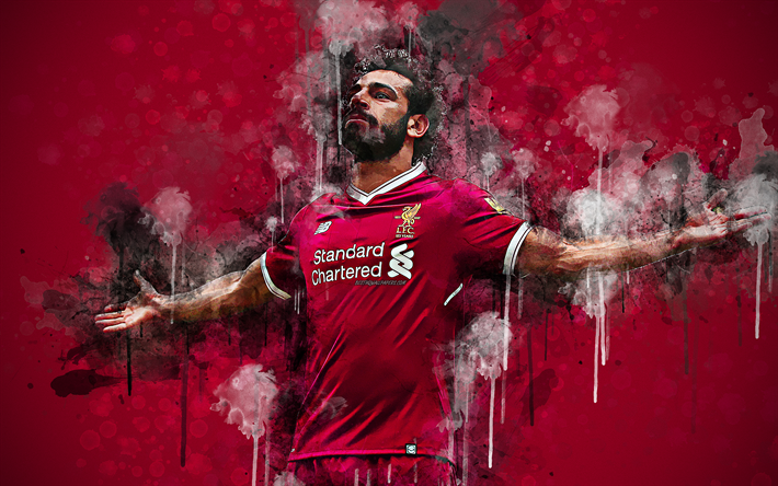 Mohamed Salah, 4k, egyptian footballer, Liverpool FC, face, art, creative portrait, bright colorful splashes, paint art, red grunge background, Premier League, England, football