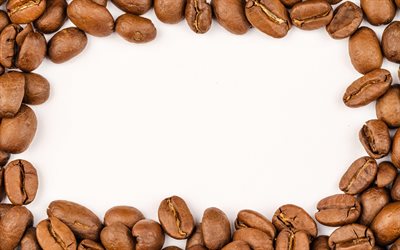 コーヒー豆フレーム, 4k, 白背景, 作品, 創造, コーヒー豆, コーヒー