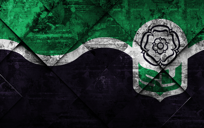 Flag of South Yorkshire, 4k, grunge art, rhombus grunge texture, Counties of England, South Yorkshire flag, England, national symbols, South Yorkshire, United Kingdom, creative art