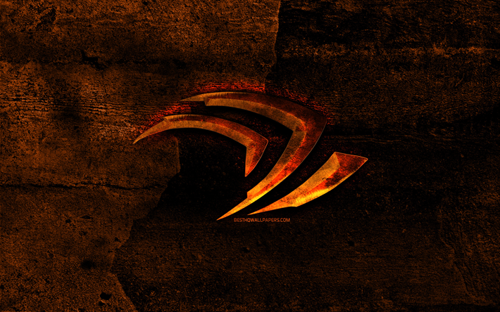 Nvidia fiery logo, orange stone background, Nvidia, creative, Nvidia logo, brands