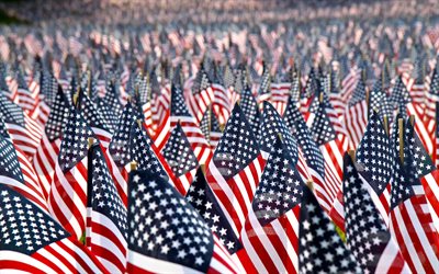 USA-flaggor, 4k, Flagga USA, bokeh, Nordamerikanska l&#228;nder, USA flagga, Nordamerika, Amerikanska flaggan, F&#246;renta Staterna, USA, nationella symboler, USA Flagga