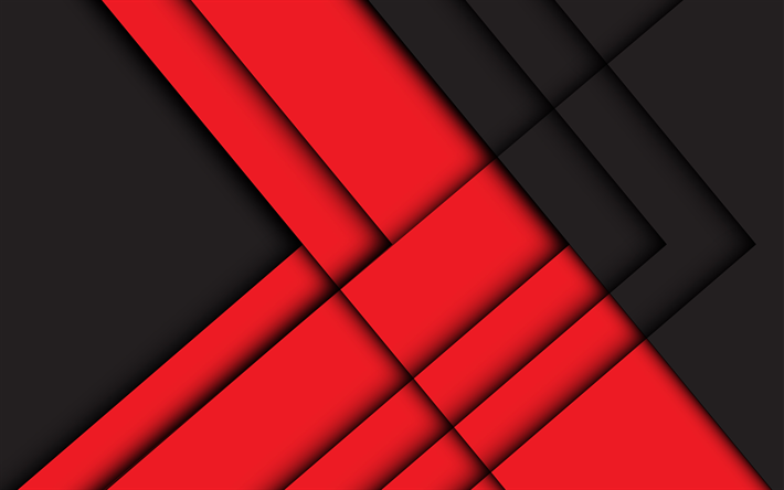 4k, material design, black and red, arrows, geometric shapes, lollipop, triangles, creative, strips, geometry, black backgrounds