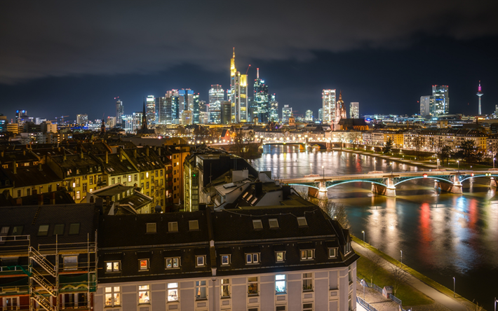 Frankfurt, Cidade alem&#227;, paisagem urbana, noite, horizonte, arranha-c&#233;us, Hesse, Alemanha, Frankfurt am Main
