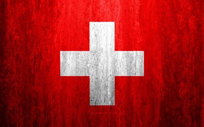 Flag of Switzerland, 4k, stone background, grunge flag, Europe, Switzerland flag, grunge art, national symbols, Switzerland, stone texture