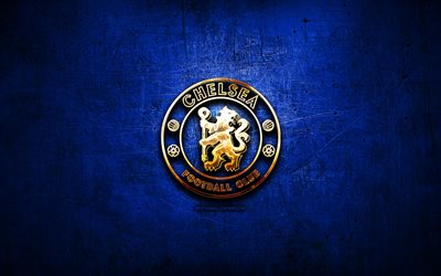 Chelsea FC, golden logo, Premier League, blue abstract background, soccer, english football club, Chelsea logo, football, Chelsea, England