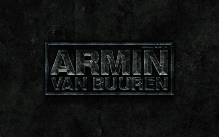 Armin van Buuren stone logo, music stars, black stone background, Armin van Buuren, music brands, creative, grunge, Armin van Buuren logo, brands