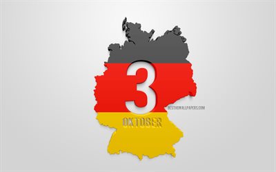 O dia da unidade alemã, 3 de outubro, Bandeira da Alemanha, 3d silhueta mapa da Alemanha, Dia Da Unidade Alemã, feriados nacionais de Alemanha, 3d alemão bandeira
