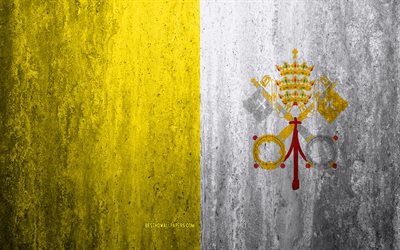 Flag of Vatican City, 4k, stone background, grunge flag, Europe, Vatican City flag, grunge art, national symbols, Vatican City, stone texture