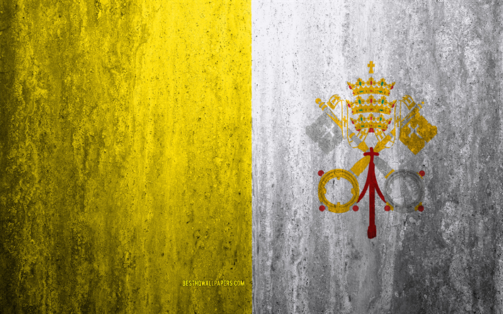 Flag of Vatican City, 4k, stone background, grunge flag, Europe, Vatican City flag, grunge art, national symbols, Vatican City, stone texture