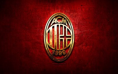 AC Milan, golden logo, Serie A, red abstract background, soccer, italian football club, Milan logo, football, Milan FC, Italy