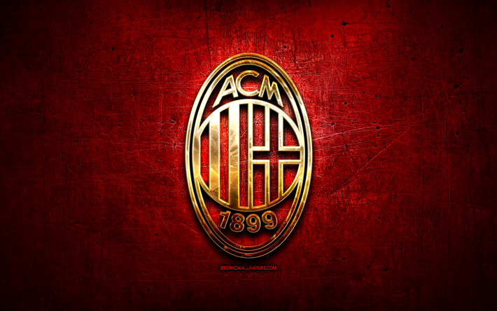 AC Milan, altın logo, Serie, kırmızı soyut arka plan, futbol, İtalyan Futbol Kul&#252;b&#252;, Milan logo, Milan, FC, İtalya