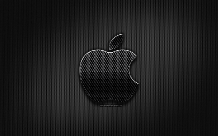 Apple svart logo, kreativa, metalln&#228;t bakgrund, Apples logotyp, varum&#228;rken, Apple