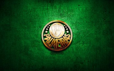 SE Palmeiras, golden logo, Brazilian Seria A, green metal background, soccer, brazilian football club, Palmeiras logo, football, Palmeiras FC, Brazil