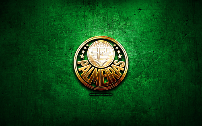 SE Palmeiras, de oro logotipo de brasil, Seria Un verde metal de fondo, f&#250;tbol, club de f&#250;tbol brasile&#241;o, Palmeiras, logotipo, Palmeiras FC, Brasil