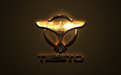 Tiesto oro logo, creativo, arte, texture in oro, il DJ olandese, marrone fibra di carbonio trama, Tiesto emblema d&#39;oro, Tiesto, marche