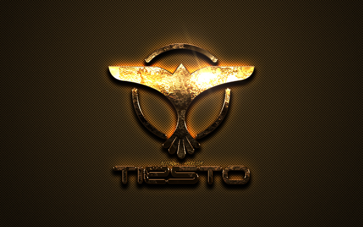 Tiesto gold logo, creative art, gold texture, Dutch DJ, brown carbon fiber texture, Tiesto gold emblem, Tiesto, brands