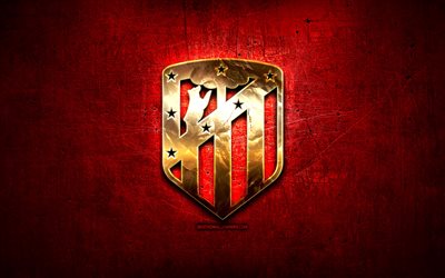 Atletico Madrid FC, golden logo, LaLiga, red abstract background, soccer, spanish football club, Atletico Madrid logo, football, Atletico Madrid, Spain, La Liga