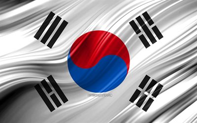 4k, s&#252;d-korea-flagge, die asiatischen l&#228;nder, 3d-wellen, die flagge von s&#252;dkorea, die nationalen symbole, s&#252;dkorea, 3d, flagge, kunst, asien, s&#252;d-korea
