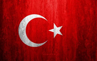 Flag of Turkey, 4k, stone background, grunge flag, Europe, Turkey flag, grunge art, national symbols, Turkey, stone texture