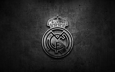 Real Madrid CF, silver logo, LaLiga, black abstract background, Galacticos, soccer, spanish football club, Real Madrid logo, football, Real Madrid FC, Spain, La Liga