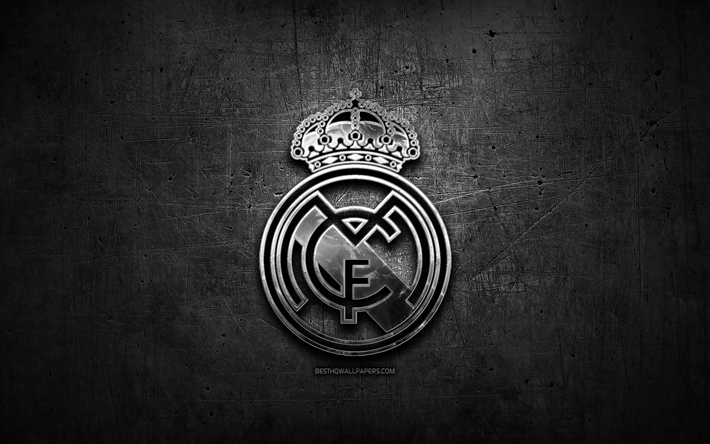 Real Madrid CF, silver logo, LaLiga, black abstract background, Galacticos, soccer, spanish football club, Real Madrid logo, football, Real Madrid FC, Spain, La Liga
