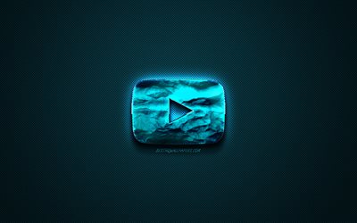 YouTube azul do logotipo, criativo azul de arte, YouTube emblema, fundo azul escuro, YouTube, logo, marcas