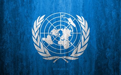 旗国連, 4k, 石背景, グランジフラグ, 国際機関, 国連旗, グランジア, 記号, 国際連合, 石質感